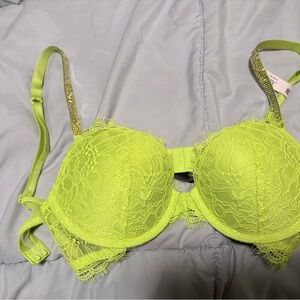 Victoria's Secret Neon Lime Lace Push-Up Bra with Rhinestone Straps